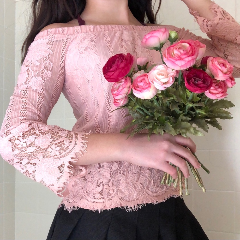 Pink Lace Bell Sleeve Blouse